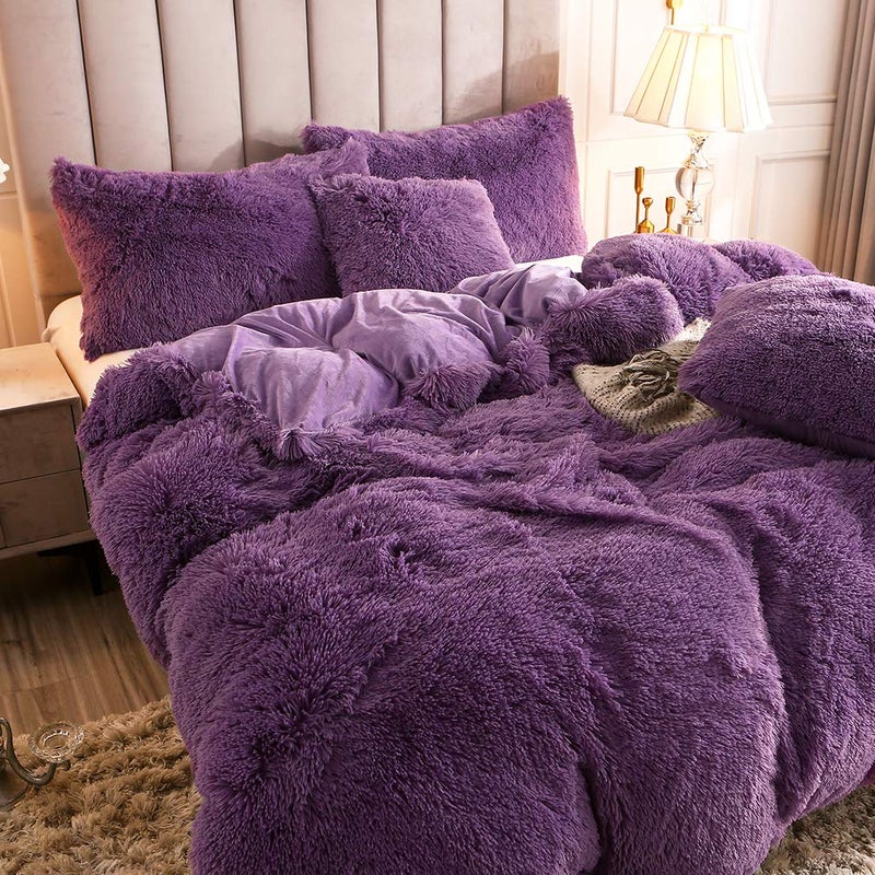 Uhamho Faux Fur Velvet Fluffy Bedding Duvet Cover Set Down Comforter Quilt Cover with Pillow Shams, Ultra Soft Warm (King, Purple) - Image 3
